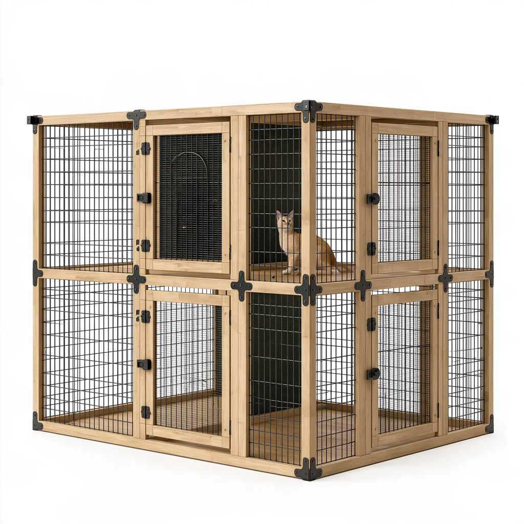 Enclos pour chats 180 x 90 x 180 cm en bois naturel et métal noir à deux niveaux