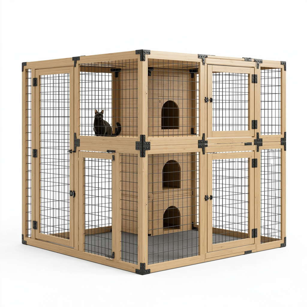 Enclos pour chat 120 x 60 x 120 cm en bois naturel et métal noir à niveaux avec niches