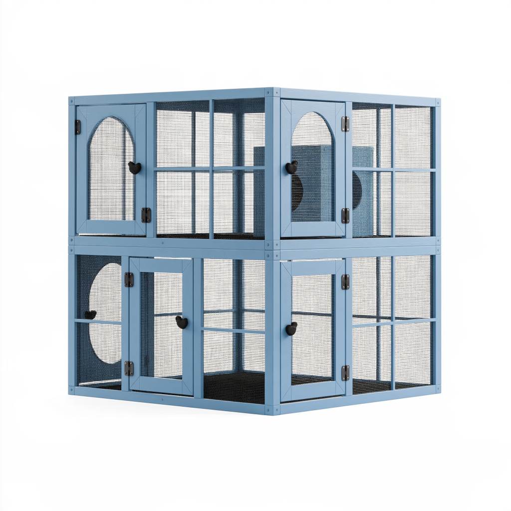 Cage pour animaux 120 x 60 x 120 cm en bois bleu avec grillage métallique à quatre compartiments