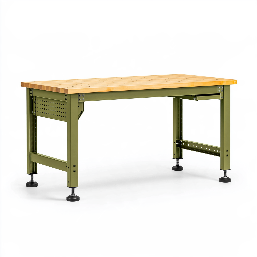 Établi 120 x 60 x 90 cm en bois et acier vert olive réglable pour atelier