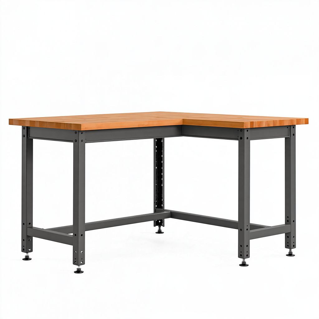 Établi d'angle 180 x 180 x 90 cm bois et acier noir réglable pour atelier