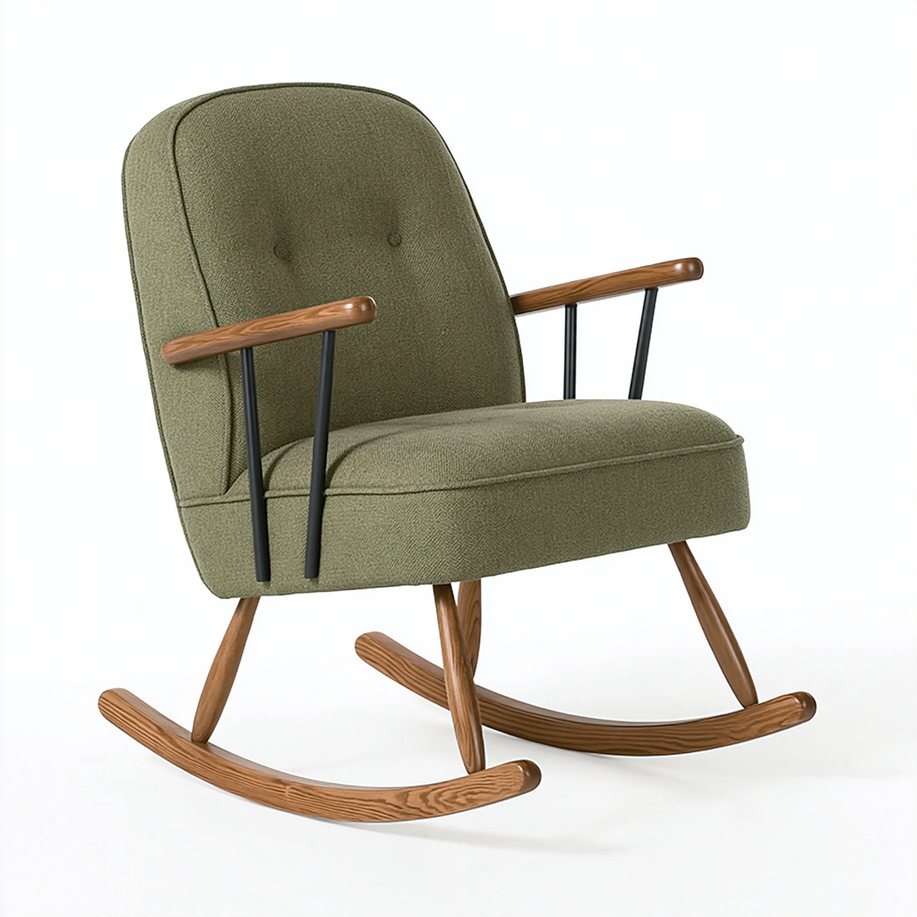 Fauteuil à bascule 68 x 86 x 98 cm en tissu vert avec structure bois et métal style rétro
