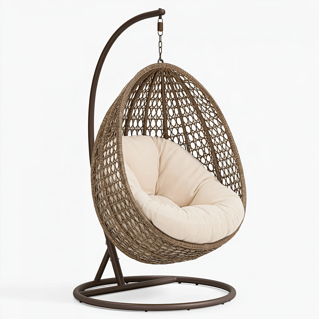 Fauteuil suspendu 105 x 105 x 195 cm en fibres tressées marron avec coussin écru style bohème