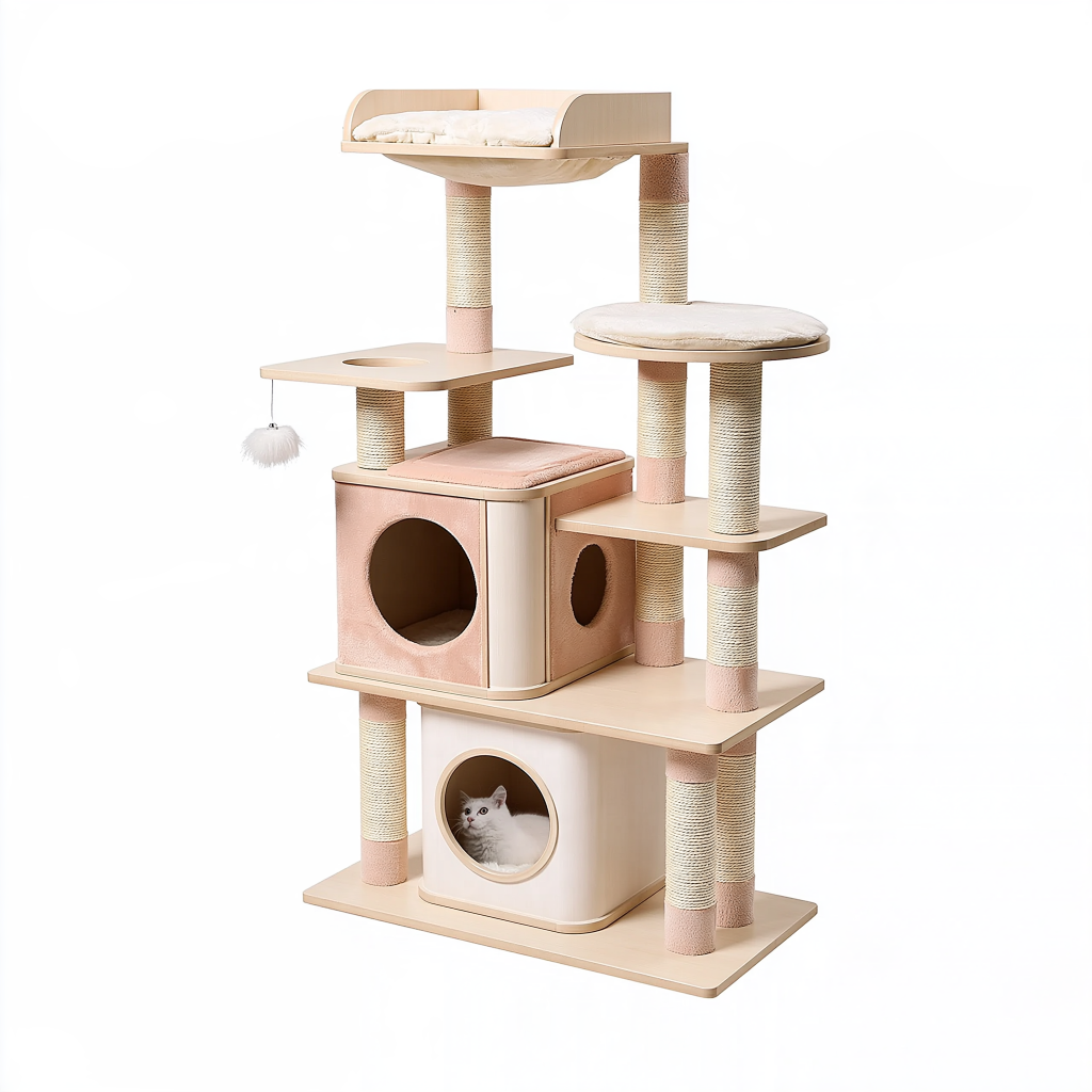 Arbre à chat 60 x 60 x 160 cm en bois beige rose avec poteaux en sisal - plateformes et niches