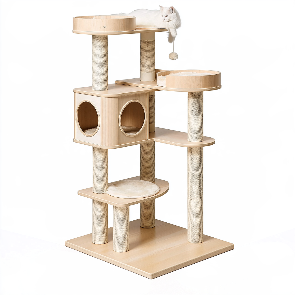 Arbre à chat 60 x 60 x 170 cm en bois beige avec poteaux en sisal - plateformes et niche