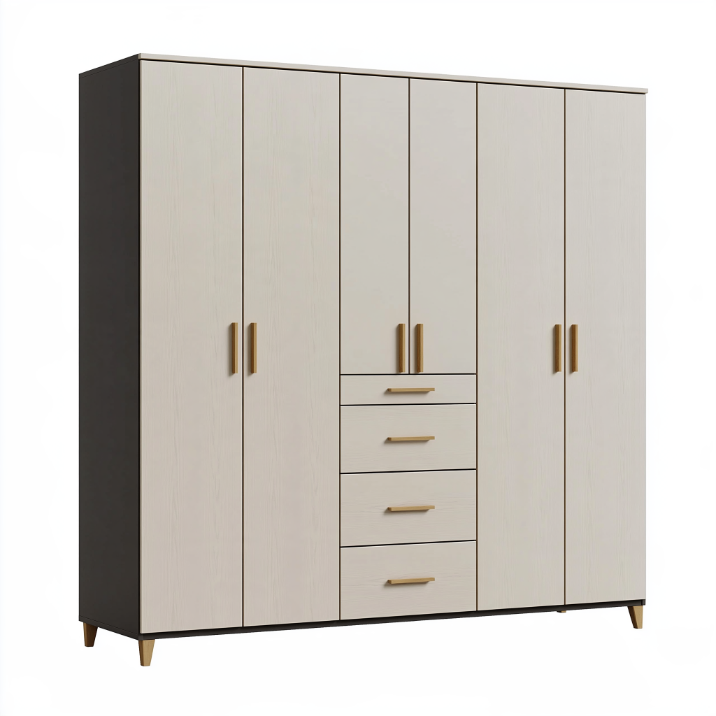 Armoire 6 portes 240 x 52 x 200 cm en panneaux de bois beige noir style contemporain avec 4 tiroirs