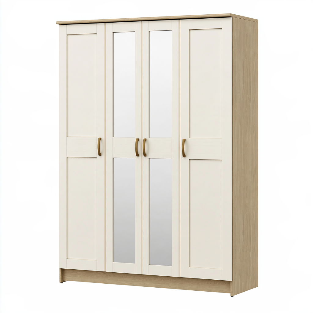 Armoire 160 x 55 x 200 cm en panneaux de particules blanc et bois avec 4 portes miroir