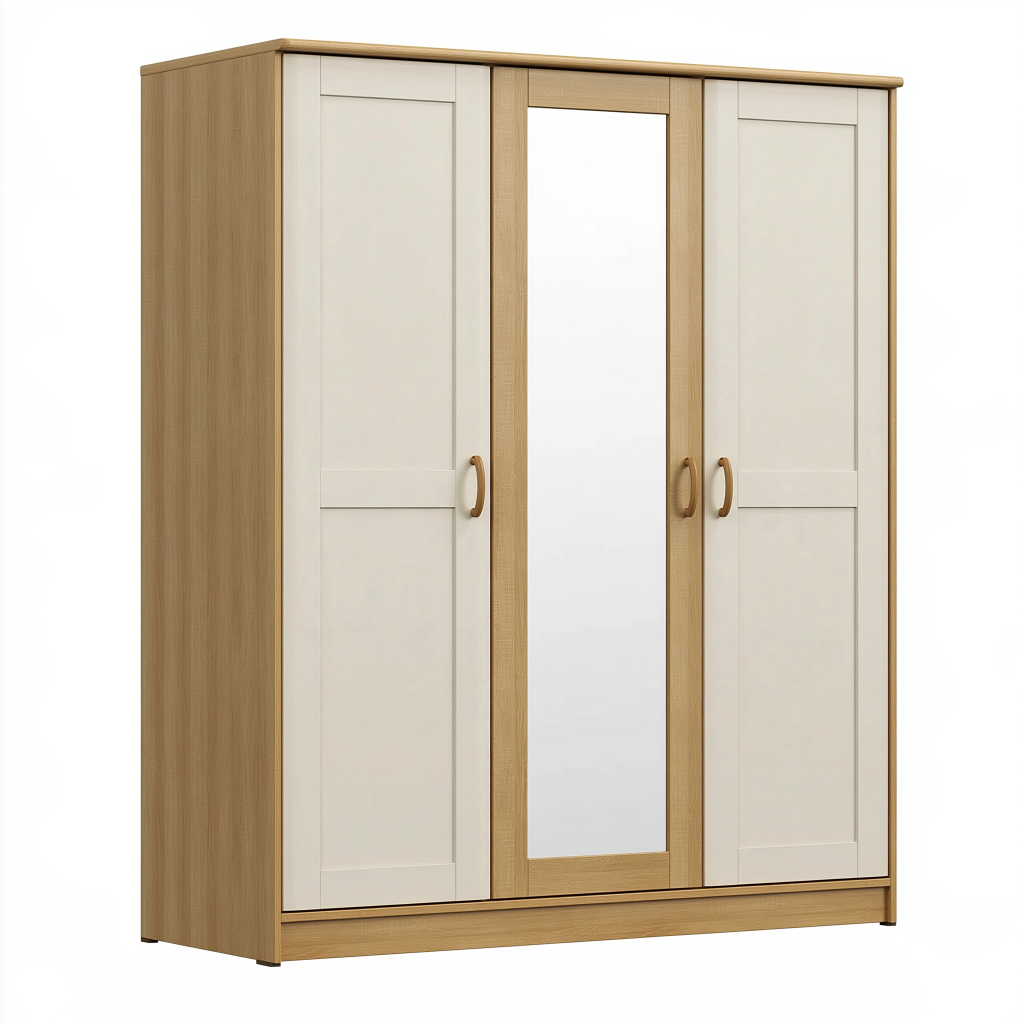 Armoire 180 x 60 x 200 cm en panneaux de bois chêne clair et blanc à 3 portes avec miroir style contemporain