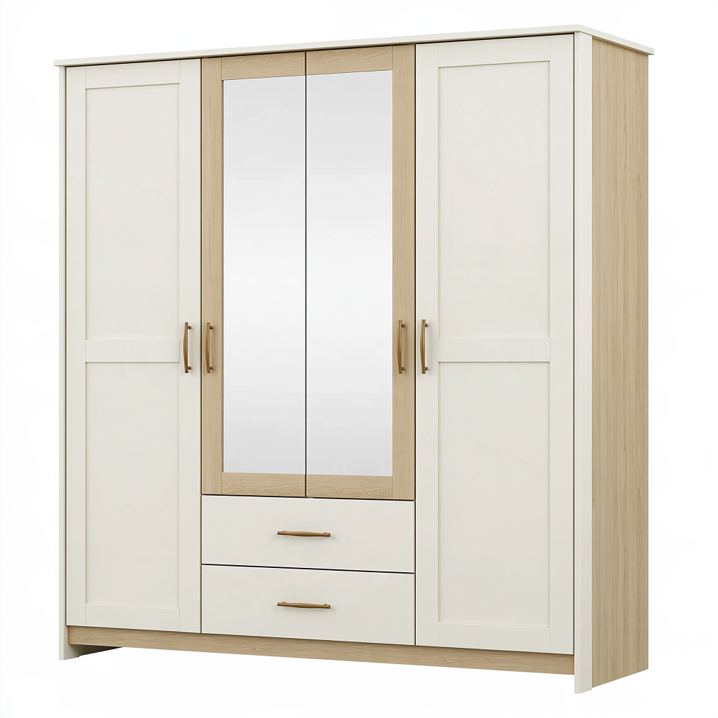 Armoire 180 x 52 x 200 cm blanche et chêne clair avec miroirs et tiroirs